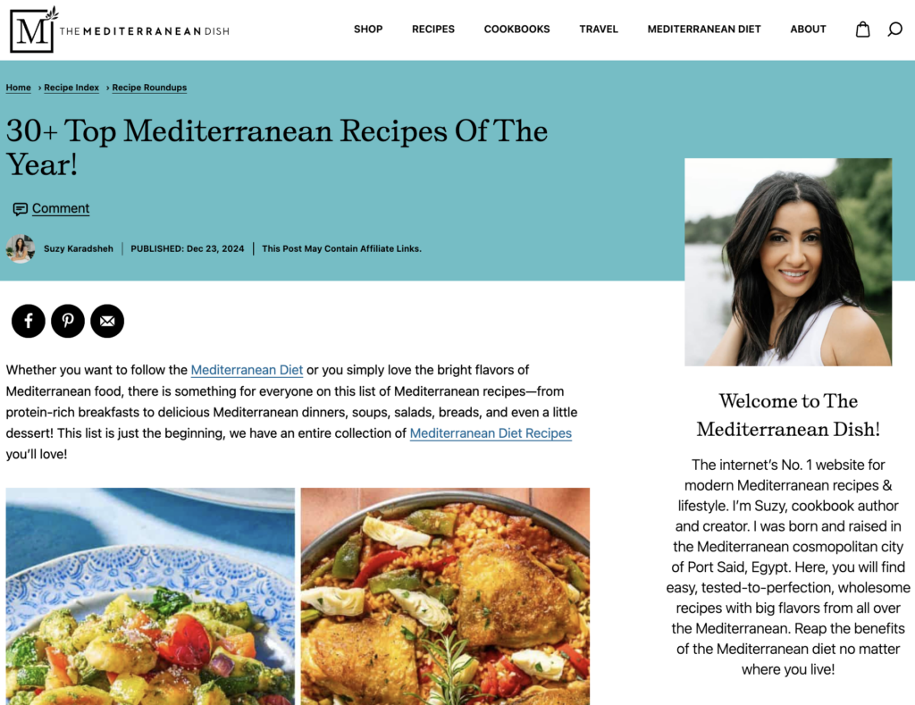 Mediterranean Dish recipe page featuring 30+ Mediterranean recipes, including protein-rich breakfasts, dinners, soups, and desserts.